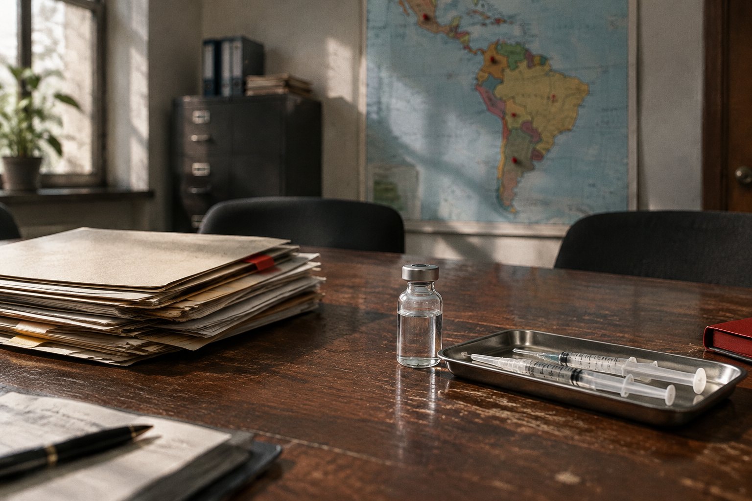 Illustrative staging of a procurement table with folders, a regional map and a blank order, not a photograph of a PAHO meeting